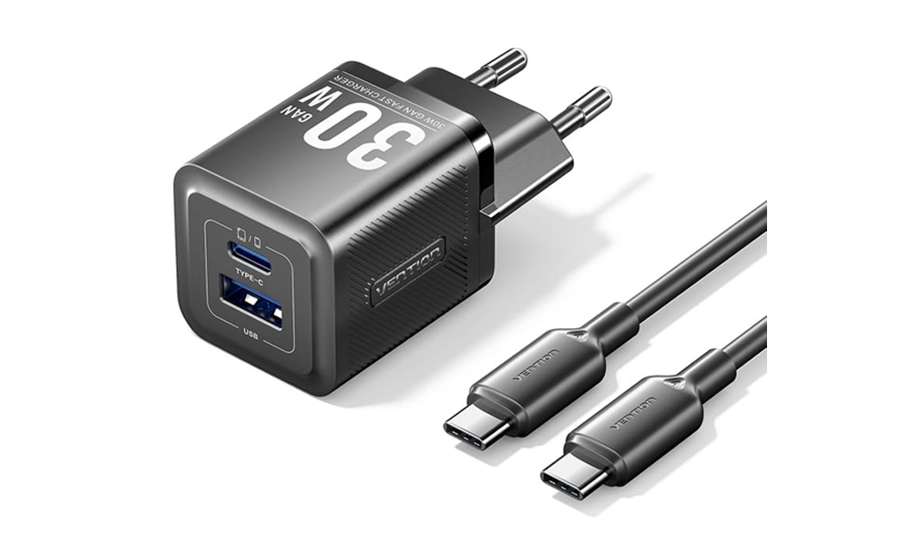 Vention TZ-FEQB0-EU-01 2-Port USB (C + A) GaN Charger (30W/30W) with USB-C to USB-C Cable (1M) EU-Plug Black
