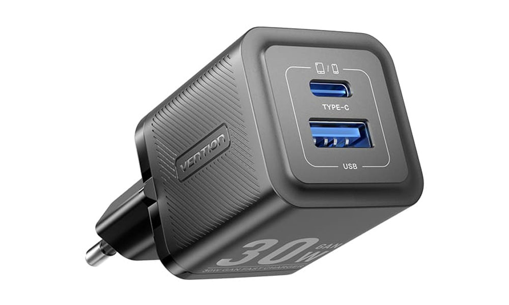 Vention FEQB0-EU 2-Port USB (C + A) GaN Charger (30W/30W) EU-Plug Black