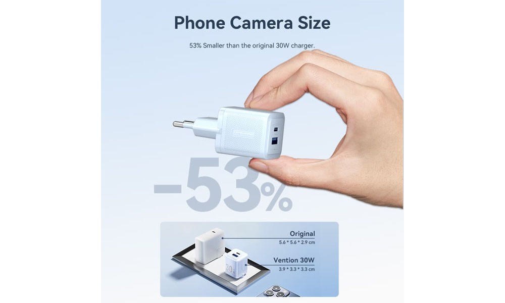 Vention FEQB0-EU 2-Port USB (C + A) GaN Charger (30W/30W) EU-Plug Black