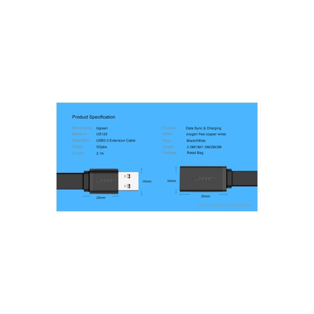 Ugreen US129 USB 3.0 A male to female flat cable Black 1.5M Extension Cable 30126
