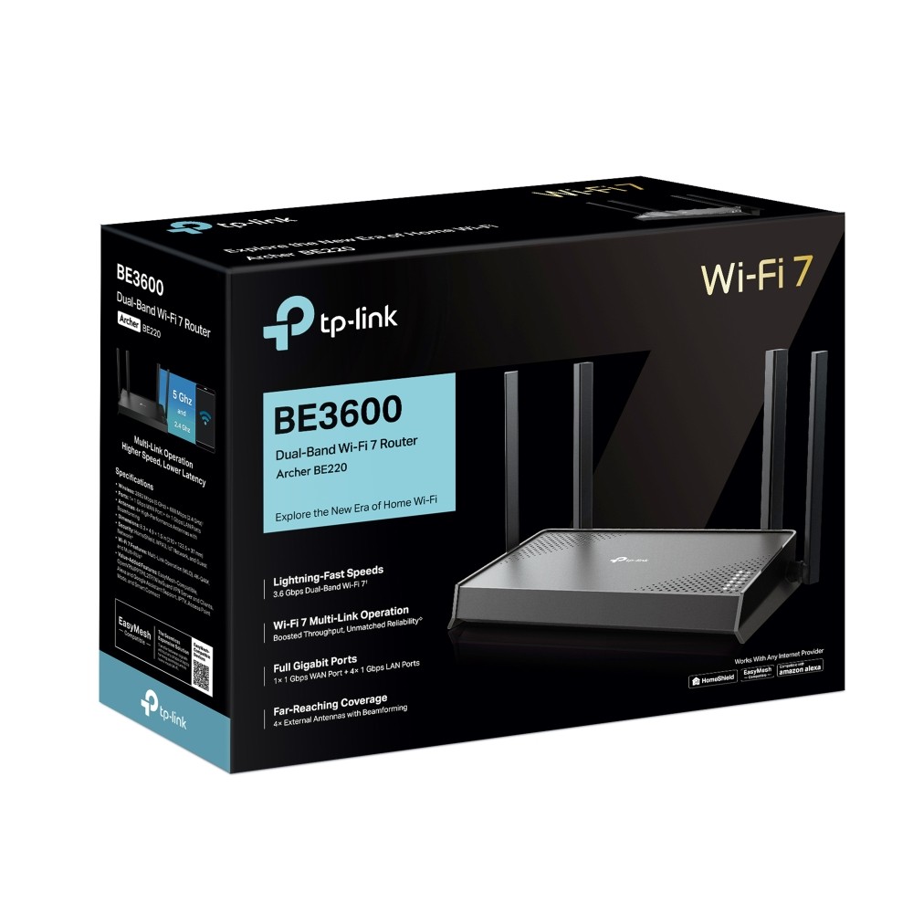 TP-link Archer BE220 BE3600 Dual-Band Wi-Fi 7 Router reliable connections. Gbps WAN Port4× 1 Gbps LAN Ports