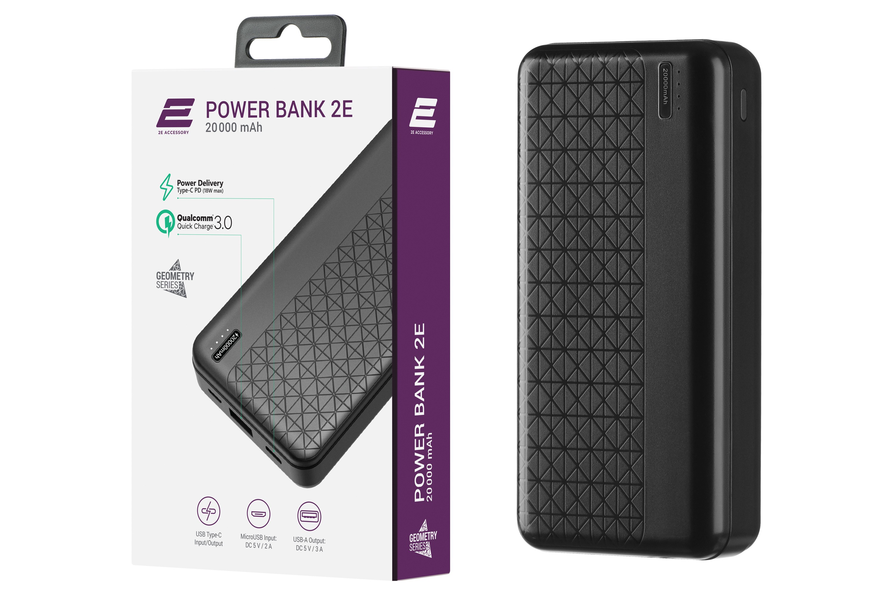 2E Power Bank Geometry 20000mAh PD, QC 18W Black 2E-PB2072PD-BLACK