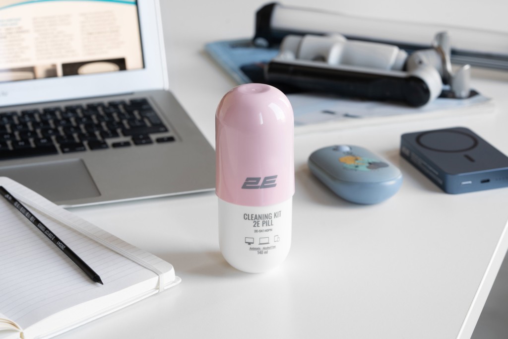 2E Cleaning kit PILL for office equipment (liquid 140ml, whipe 20cm), white-pink 2E-SK140PN