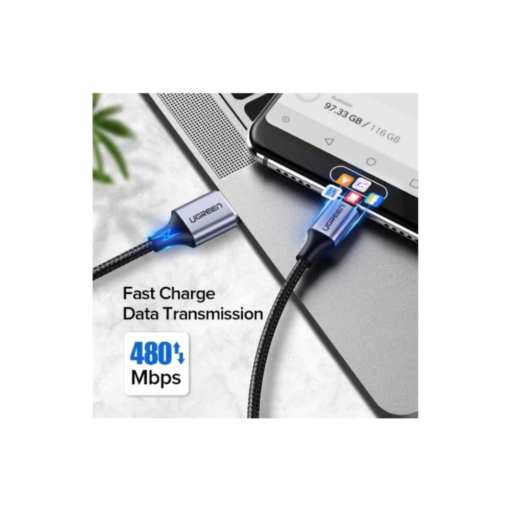 Ugreen US288 UGREEN USB 2.0 A to Type C Cable Nickel Plating Aluminum Braid 1m (Black) 60126