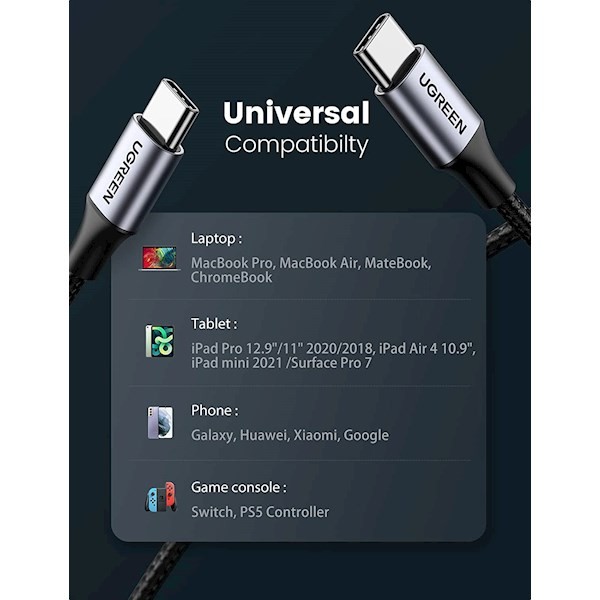 Ugreen US316 (70427) USB Type-C to Type-C 100W PD Fast Charging Cable, 1m, Black