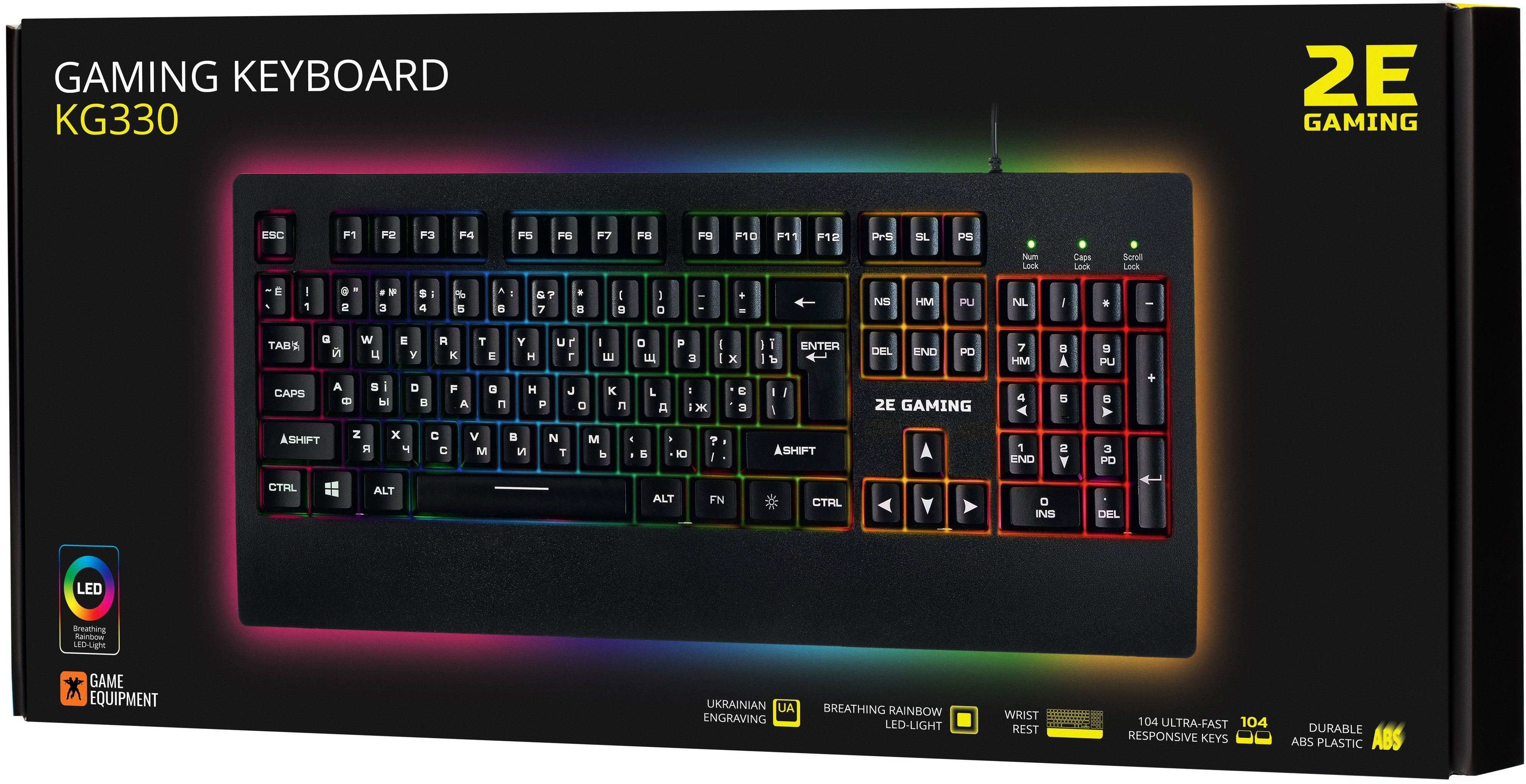 2E GAMING Membrane keyboard KG330 104key, USB-A, EN/UA/RU, LED, black 2E-KG330UBK