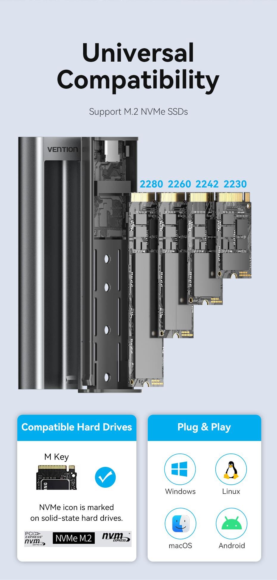 Vention KPKH0 M.2 NVMe SSD Enclosure (USB 3.1 Gen 2-C) with Heat Sink Gray Aluminum Alloy Type