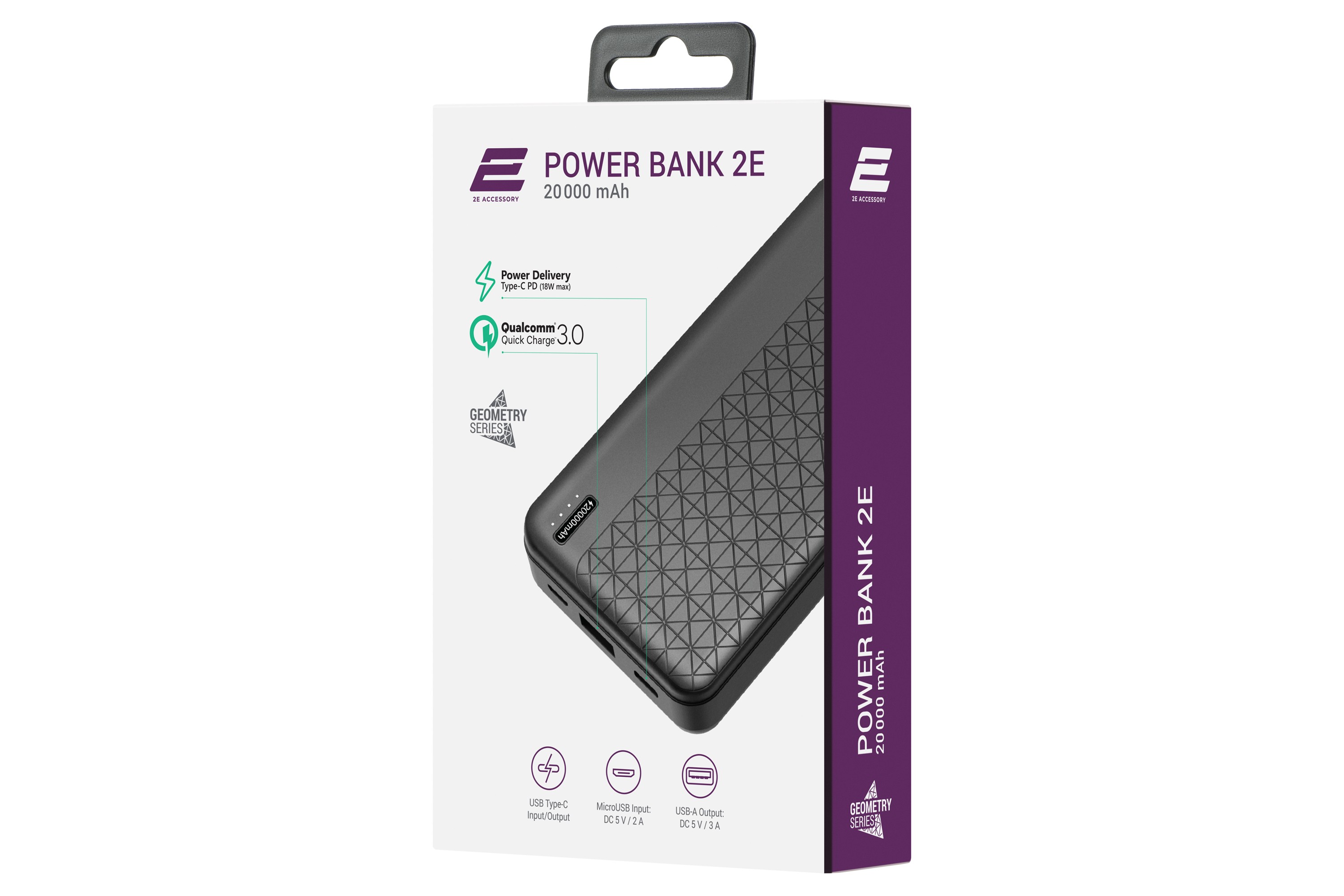 2E Power Bank Geometry 20000mAh PD, QC 18W Black 2E-PB2072PD-BLACK