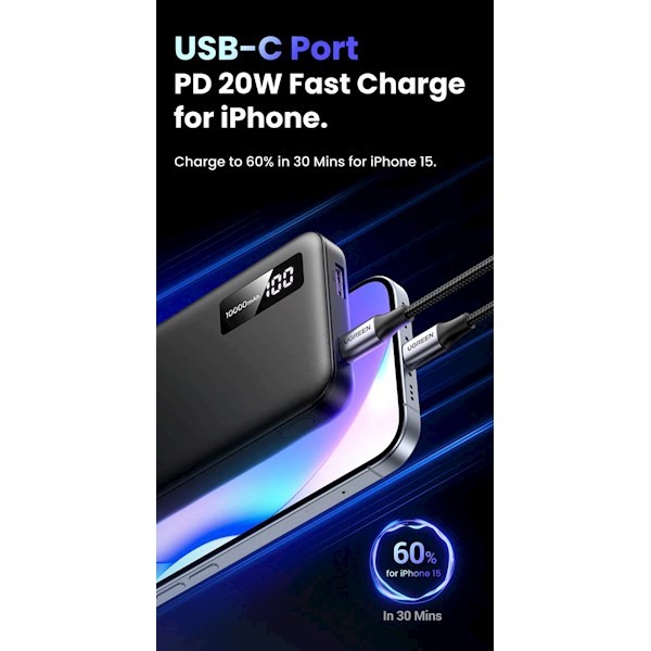 Ugreen 25742, 1000mAh, USB-C, USB, Two-way Power Bank, Black