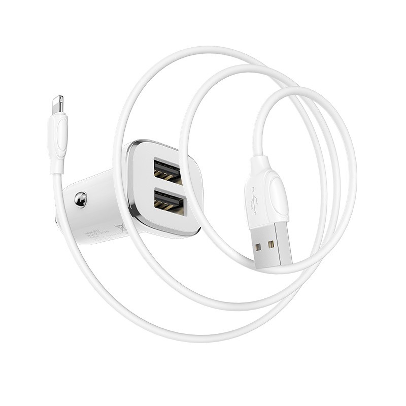 Borofone BZ12 Lasting power double port in-car charger set(Lightning) White