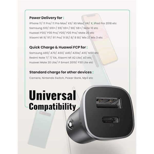 Ugreen CD130 (30780) Dual USB Car Charger 18W Type-C PD Car Charging for iPhone