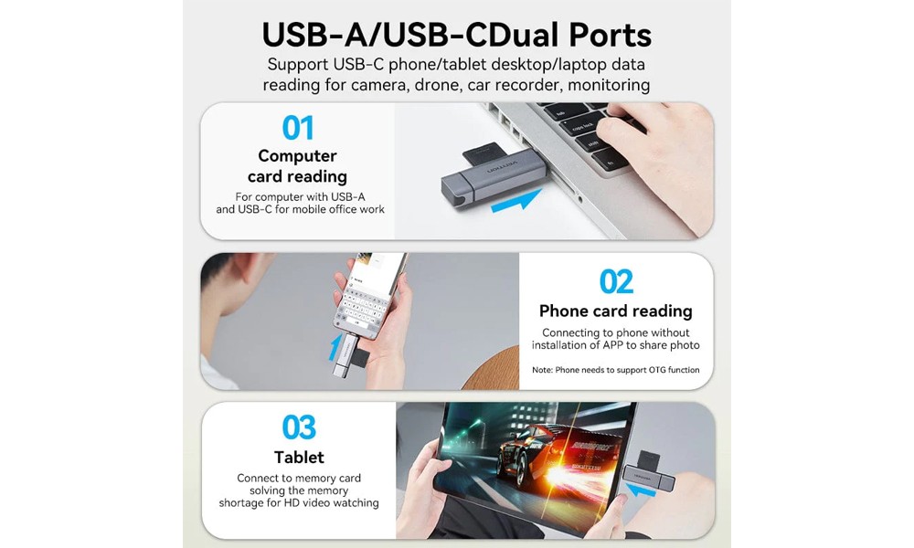 Vention CLLH0 2-in-1 USB 3.0 A+C Card Reader | SD+TF | Gray | Dual Drive Letter | Aluminum Alloy
