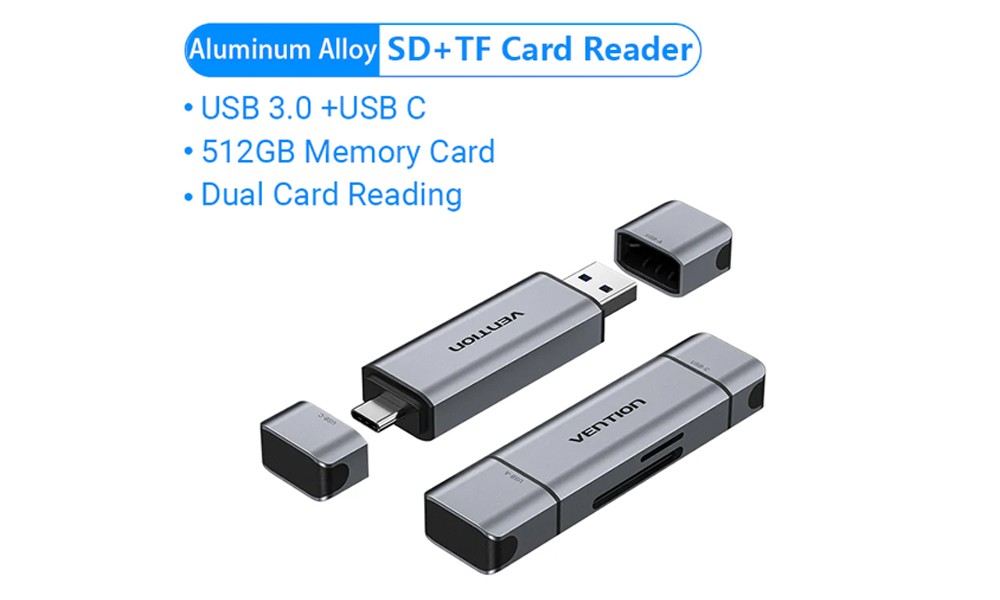Vention CLLH0 2-in-1 USB 3.0 A+C Card Reader | SD+TF | Gray | Dual Drive Letter | Aluminum Alloy